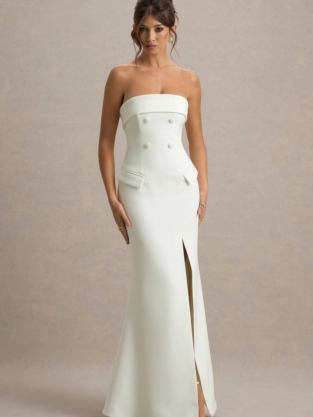 Club L London Cream Bandeau Tailored Maxi Dress With Split Size UK 8 US 4